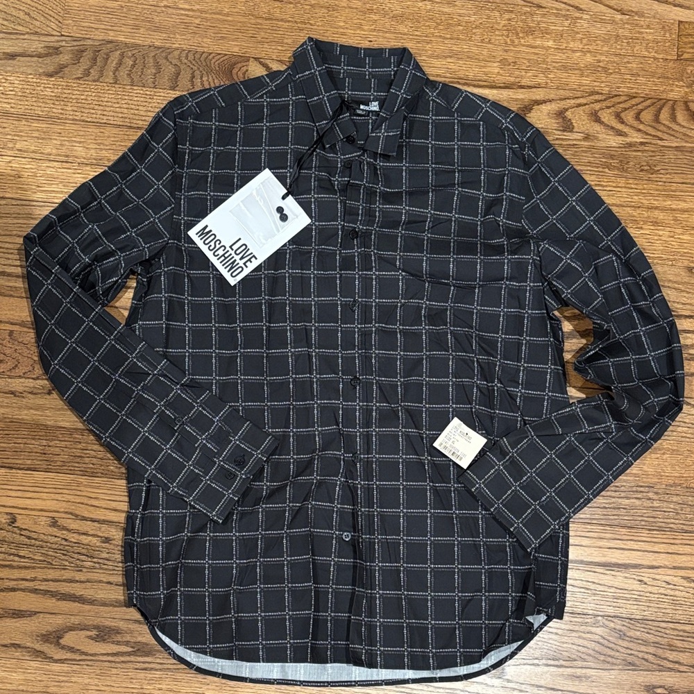 NWT Love Moschino Black Dress Shirt with White Windowpane Check